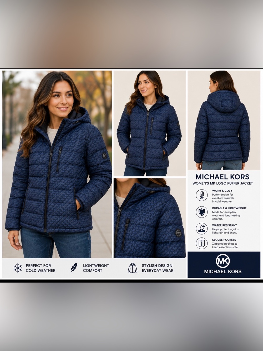 Michael Kors Navy MK Logo Quilted Puffer Jacket with Hood
